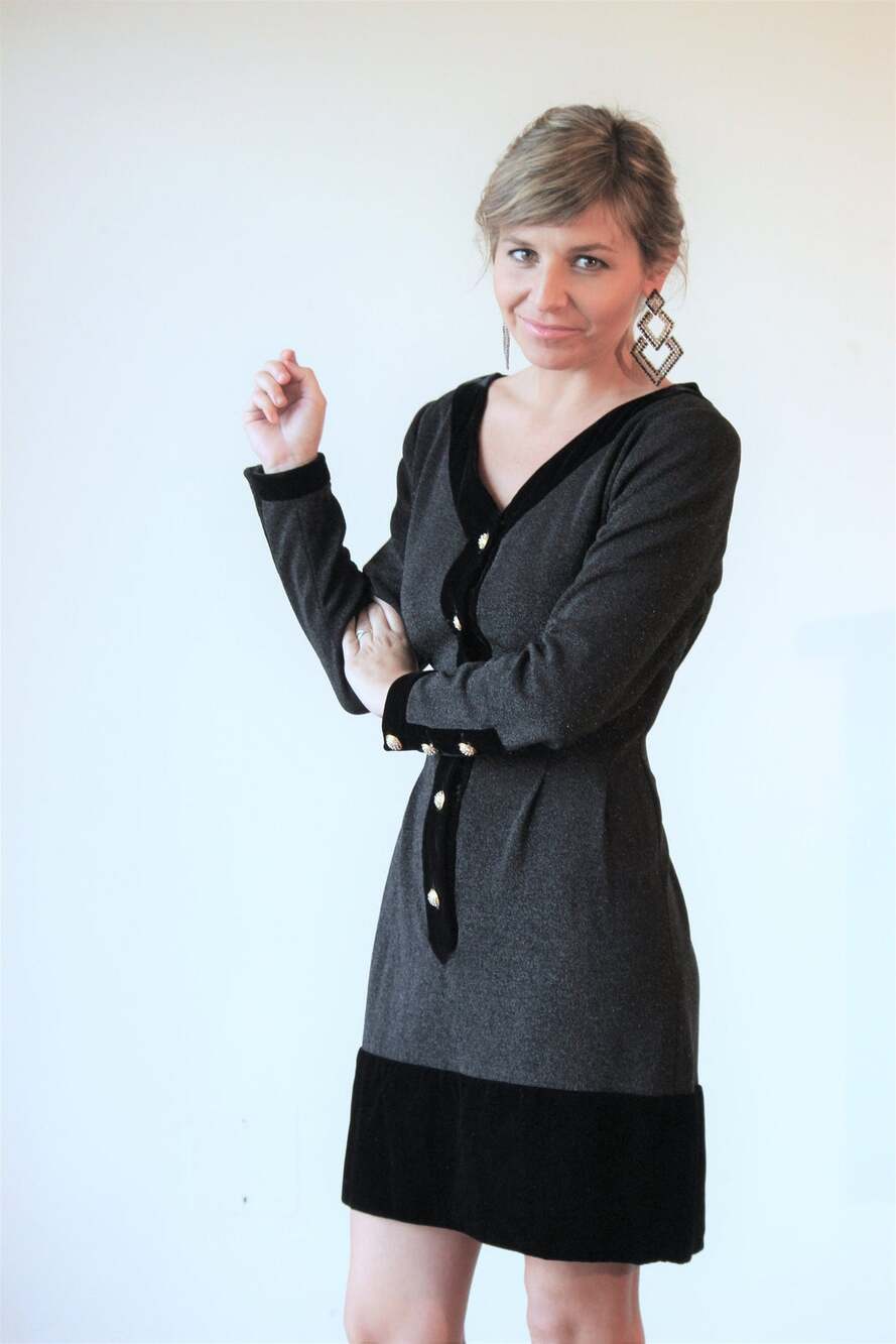 Givenchy Couture 90s Little Black Dress Metallic Knit Velvet Trim Rhinestone